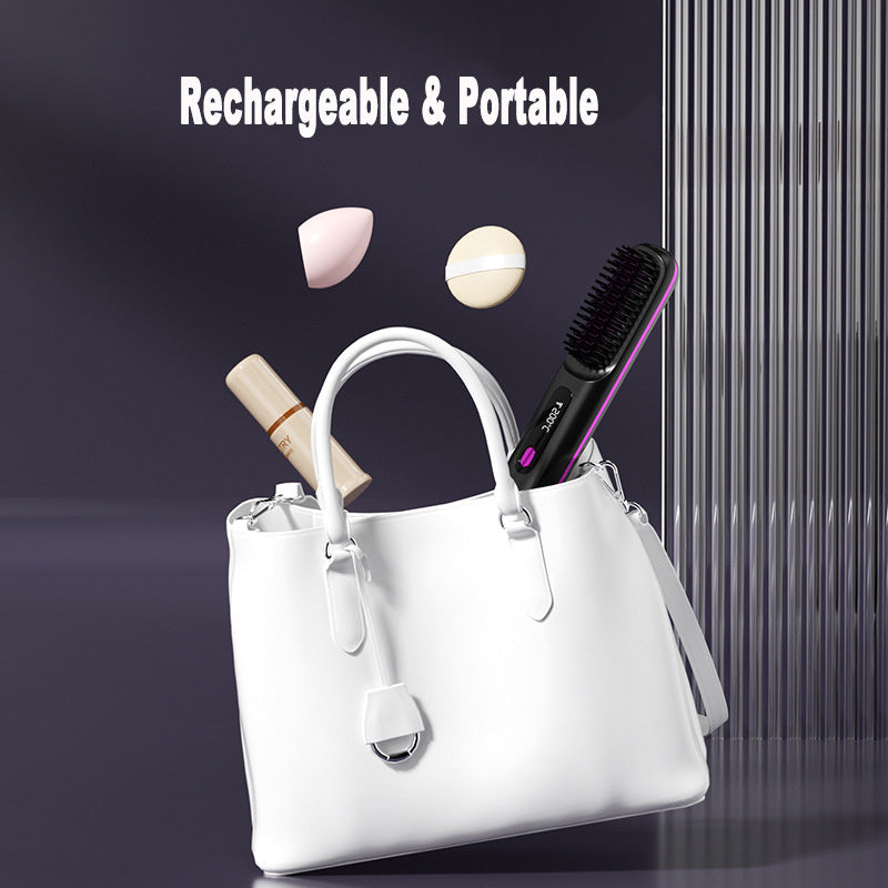 2-in-1 Wireless Hair Straightener Brush – Fast Heating, Portable, USB Charging for Effortless Styling