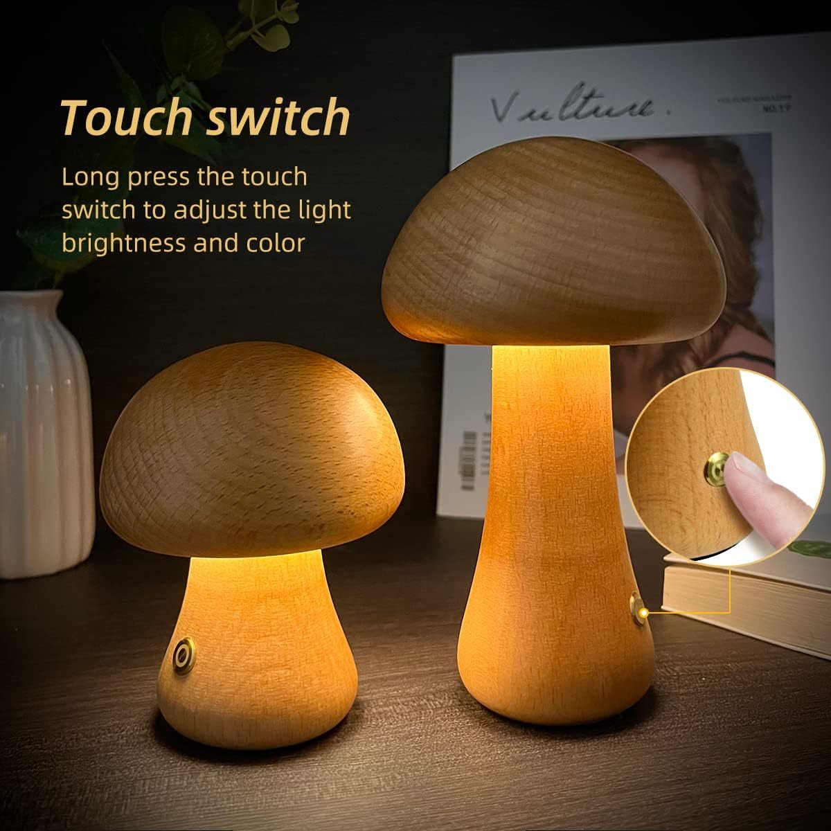 Wooden Mushroom LED Night Light – Cozy & Touch-Activated