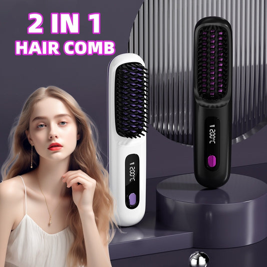 2-in-1 Wireless Hair Straightener Brush – Fast Heating, Portable, USB Charging for Effortless Styling