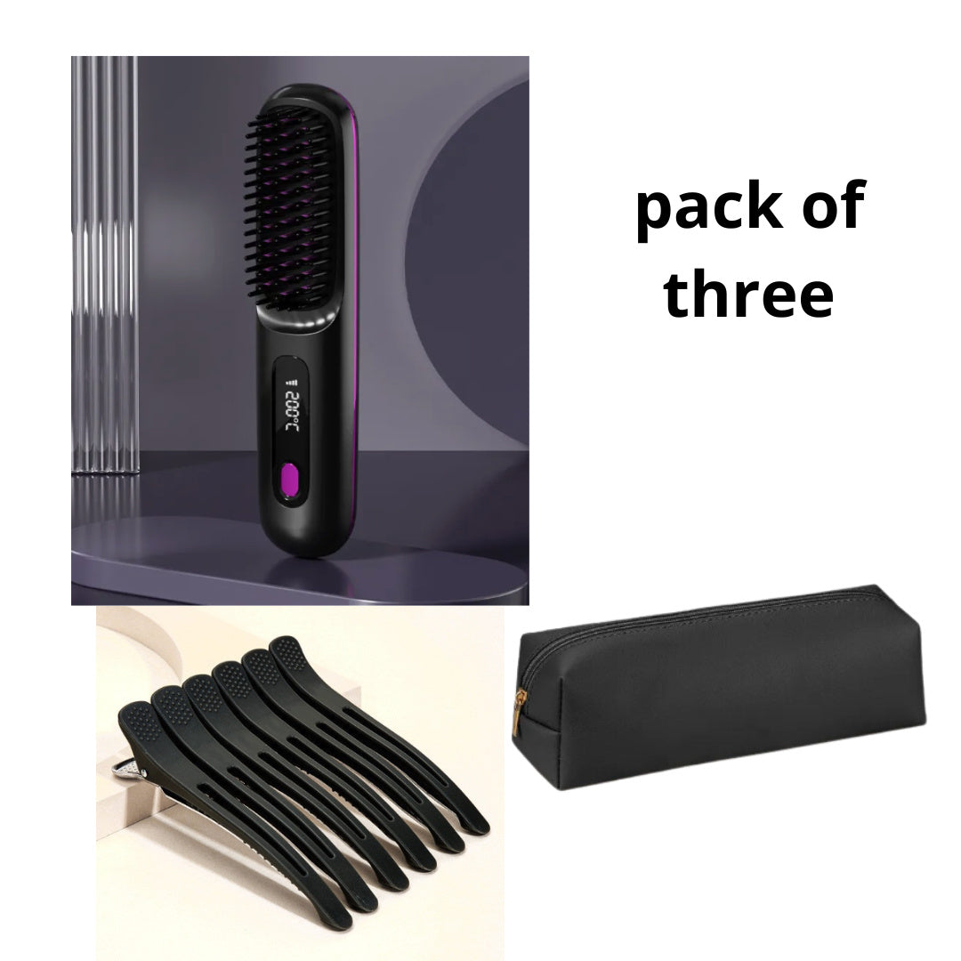 2-in-1 Wireless Hair Straightener Brush – Fast Heating, Portable, USB Charging for Effortless Styling